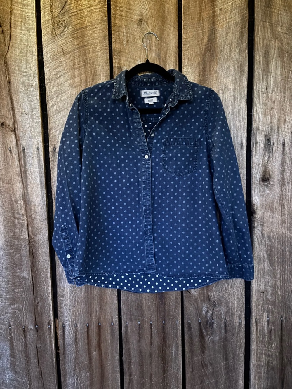 Madewell Medium Denim Chambray Polka Dot Button Front Shirt Long Sleeve Blue